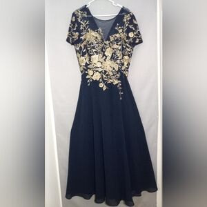 Betsy Adam Navy and Gold Floral Maxi Dress